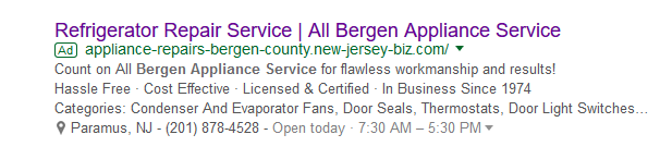 Screenshot of Google Ad for All Bergen Appliance Service refrigerator repair services
