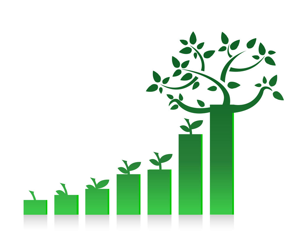 Graph of increasing bars with tree tops depicting Prospect Genius' Grow As You Go program