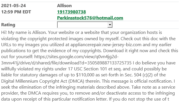 "Hi! My name is Allison. Your website or a website that your organization hosts is violating the copyright protected images owned by myself. Check out this doc with the URLs to my images you utilized..."