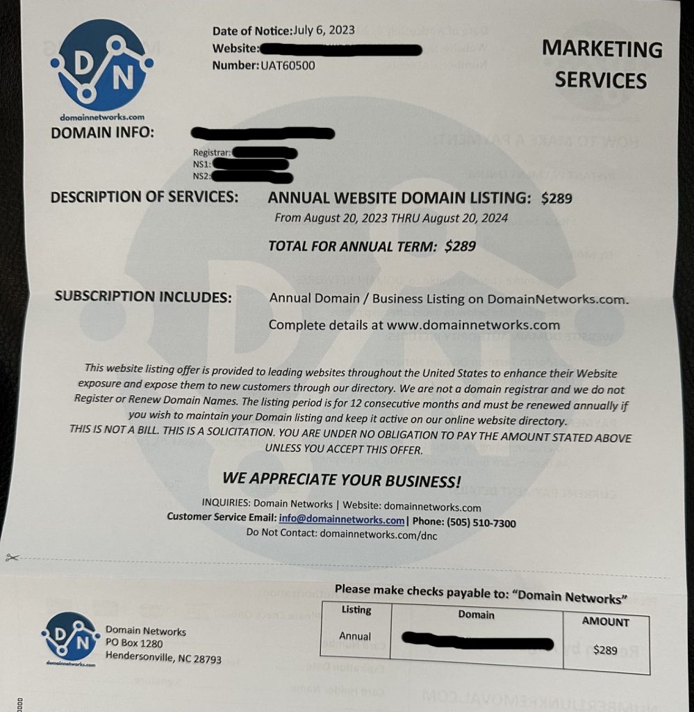 Photograph of a a scam "domain listing" letter. Sensitive info has been redacted.