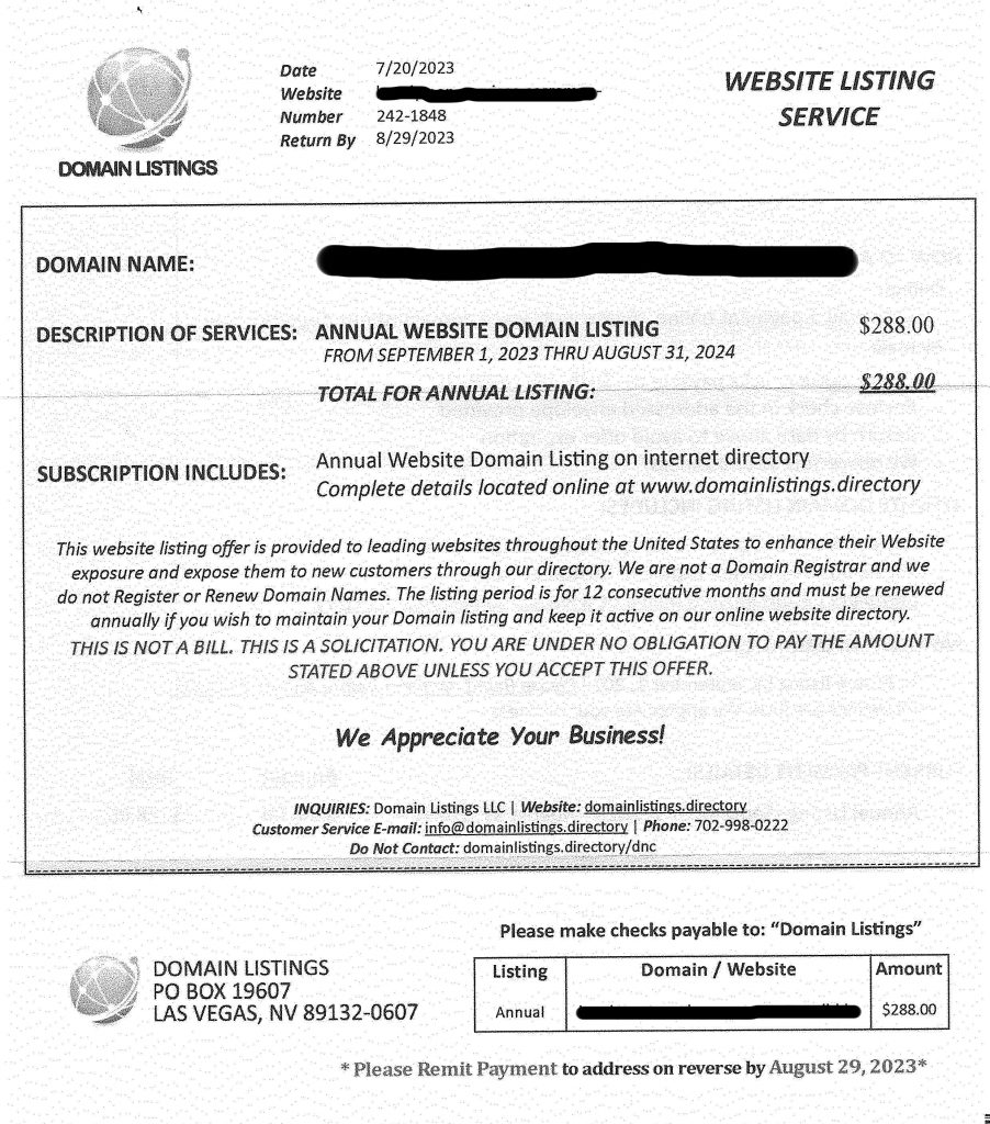 Scan of a a scam "domain listing" letter. Sensitive info has been redacted.