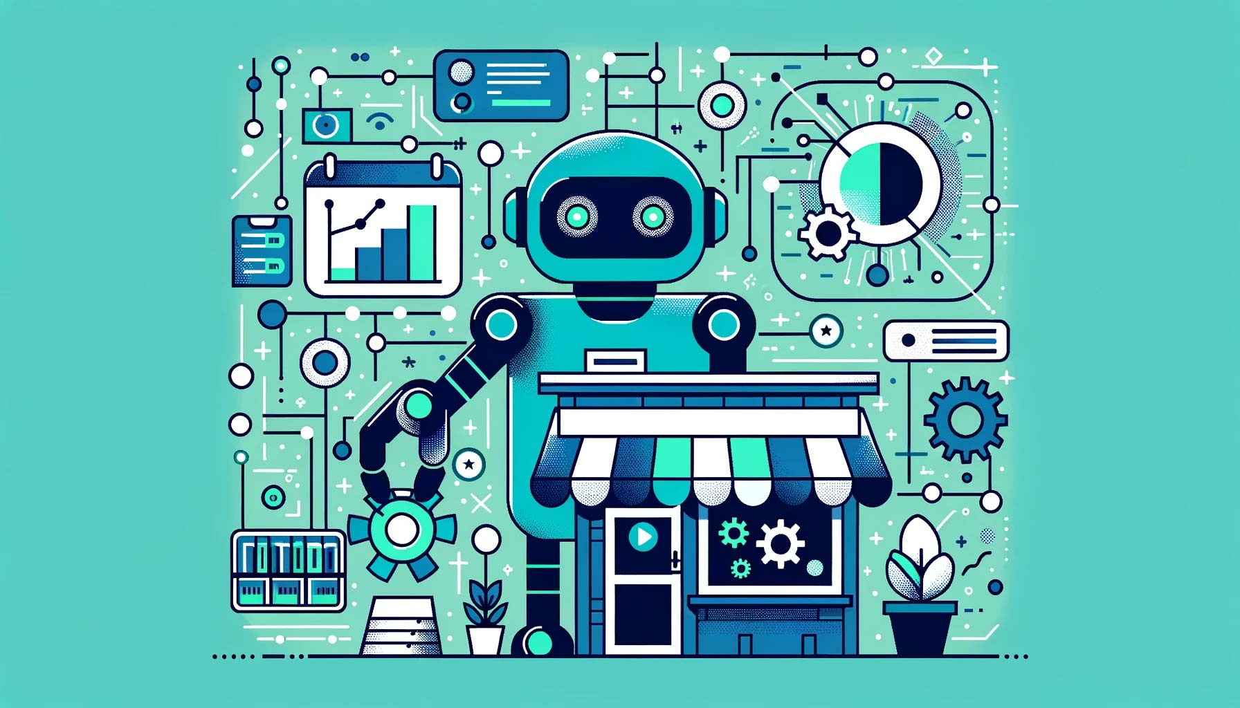 Illustration with a prominent use of a blue-toned green background. It showcases a stylized AI robot and a small business storefront. The robot is assisting the business by offering digital tools like charts, data, and gears. The design elements like interconnected dots and geometric shapes also utilize the green shade, emphasizing the interconnectedness of technology and business.