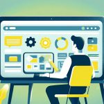 A graphical and simplistic illustration, depicting a small business owner navigating an online advertising website.