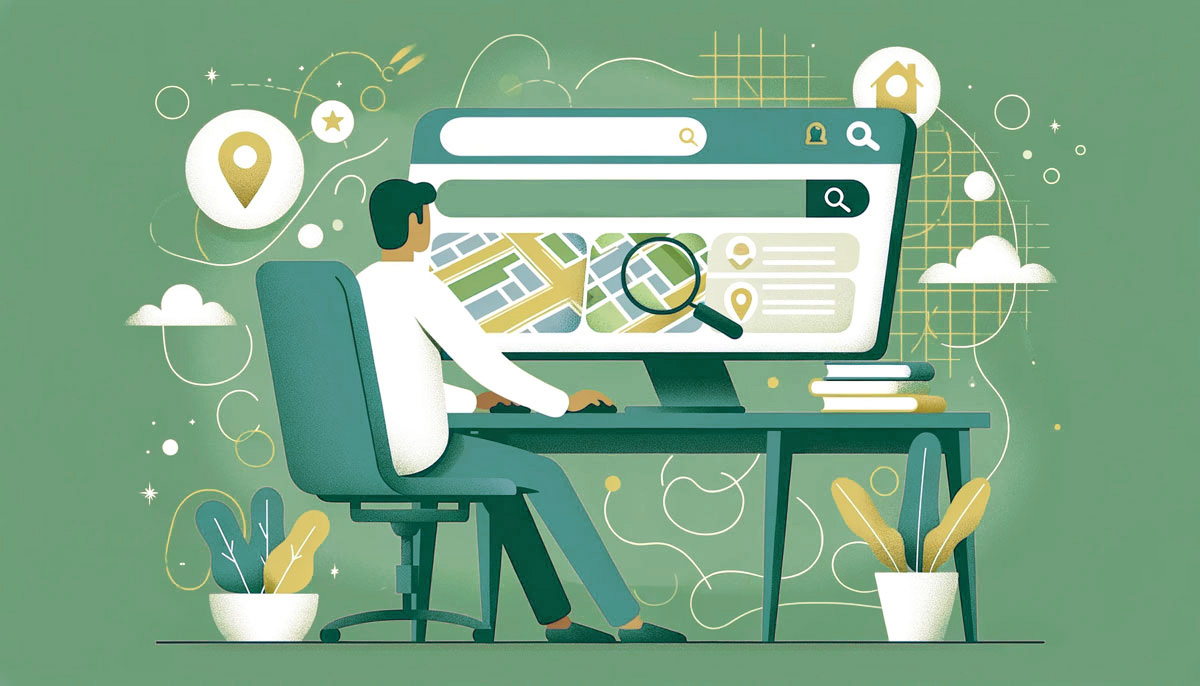 Illustration featuring a potential customer seated at a desk with a computer. The screen of the computer shows a search engine. The results display a list of nearby businesses, all highlighted in light green and gold. Abstract patterns and icons float around, emphasizing the importance of online search for local businesses.
