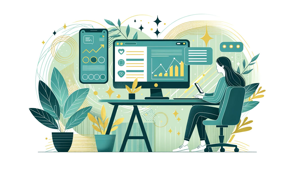 Illustration in the corporate memphis style, dominated by a light, blue-toned green and gold color scheme. It showcases a small business owner sitting at a desk, focused on a computer screen that displays a website dashboard. Next to them, a mobile phone stands on the desk, showing notifications of online orders and reviews. Golden geometric shapes and green abstract patterns float around, symbolizing the digital growth and online presence of the business.