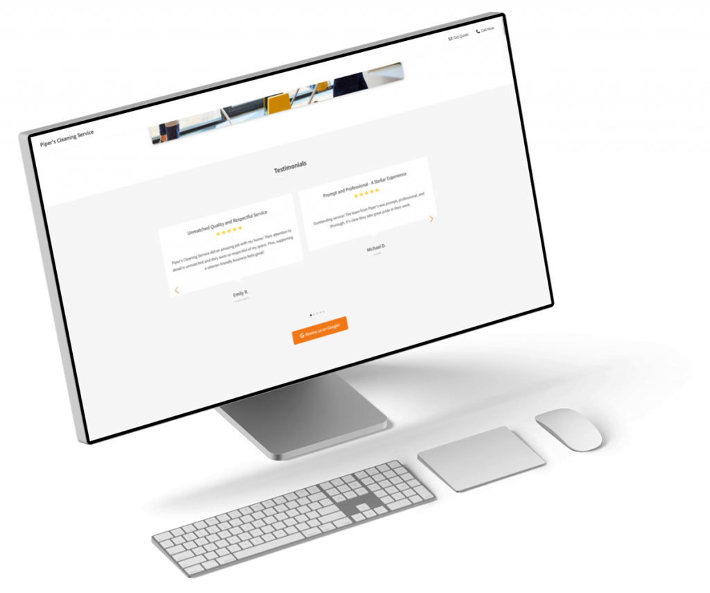 Mockup showing website for Piper's Cleaning Service on a desktop computer