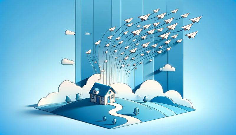 A minimalistic landscape illustration that represents a small business sending out a steady flow of emails. The scene includes a small, stylized business establishment on the left, with a stream of paper airplanes representing emails flowing out from it towards the right.