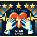 Graphic showing hands doing CPR on a heart, surrounded by stars. Text reads: Google Review Star Saver