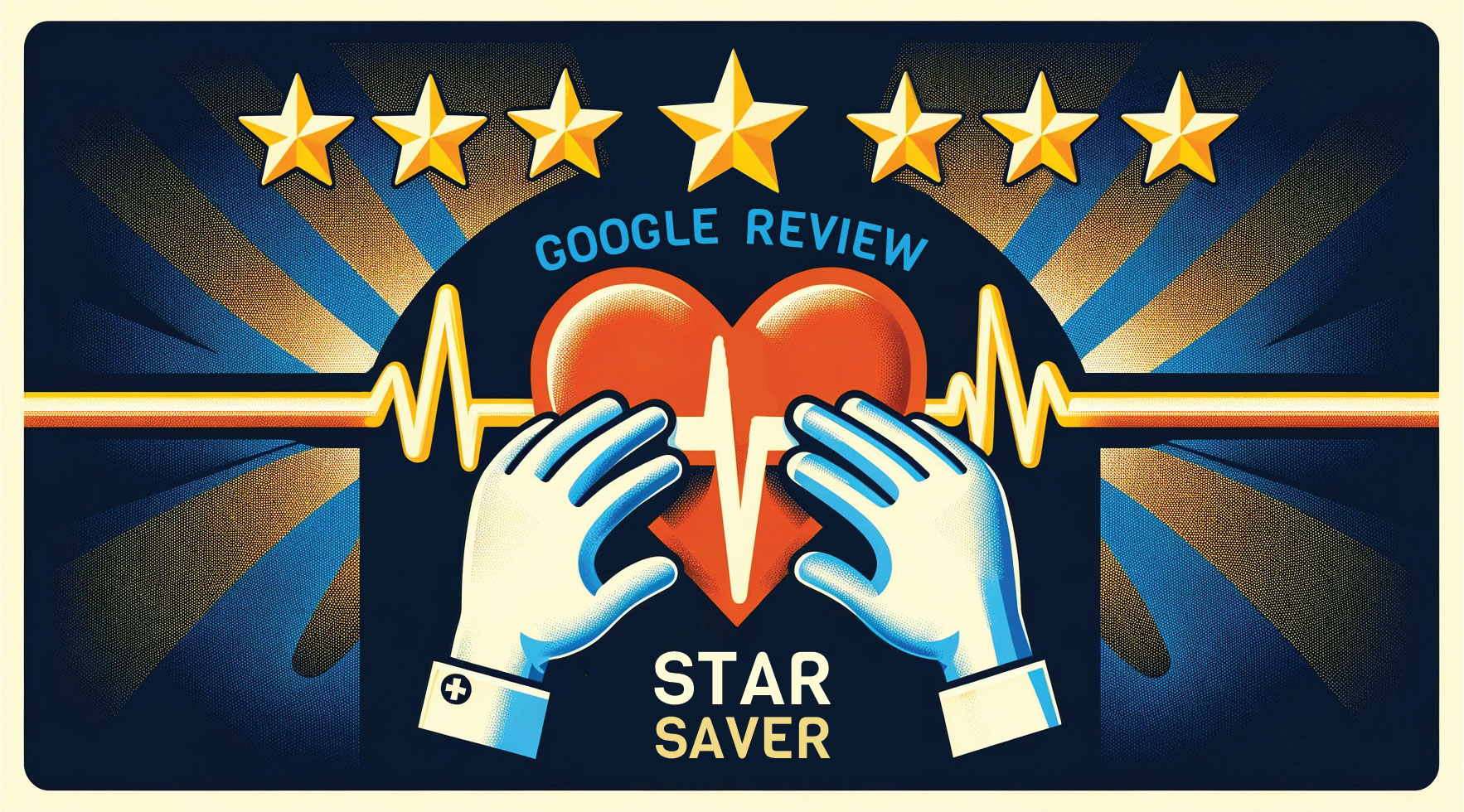 Graphic showing hands doing CPR on a heart, surrounded by stars. Text reads: Google Review Star Saver