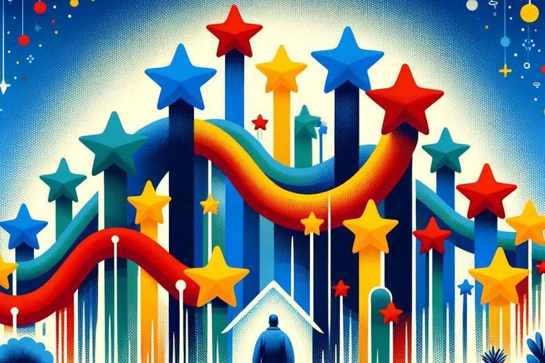 Abstract illustration of a man watching dozens of gigantic rainbow-colored stars rise in to the sky, visually representing the concept of an increasing flow of feedback coming into his business