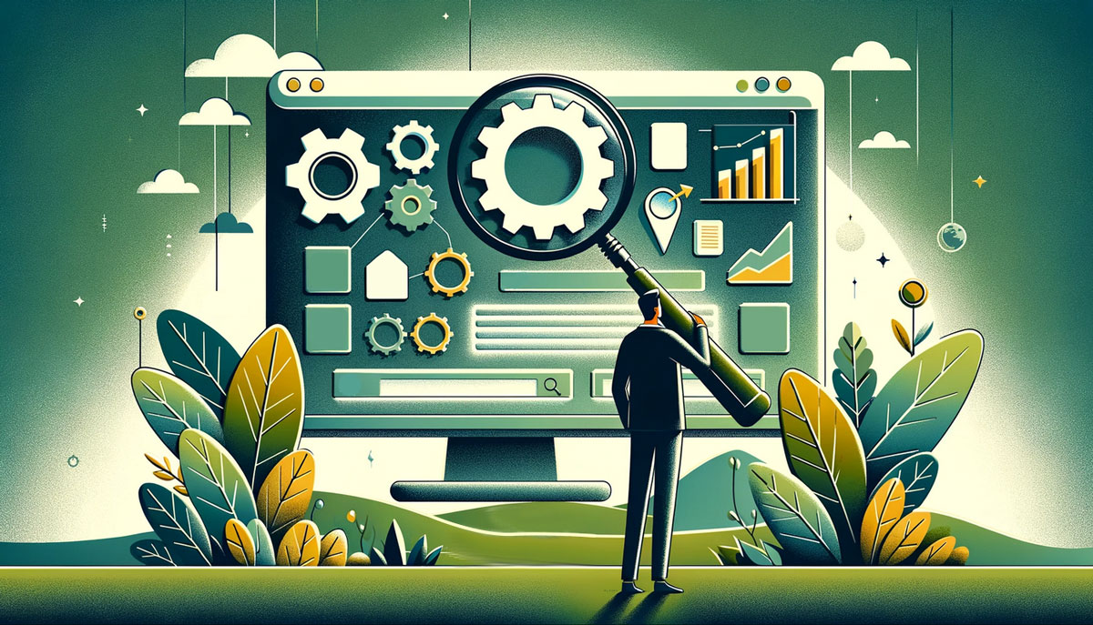 A simplified landscape-oriented scene of a person standing in front of a large, abstract representation of a computer screen displaying various SEO factors as simplified icons (e.g., gears for technical SEO, magnifying glasses for keyword research, and charts for analytics). The person is thoughtfully examining the screen, holding a magnifying glass to look closer at specific icons, symbolizing discernment in choosing SEO strategies. 