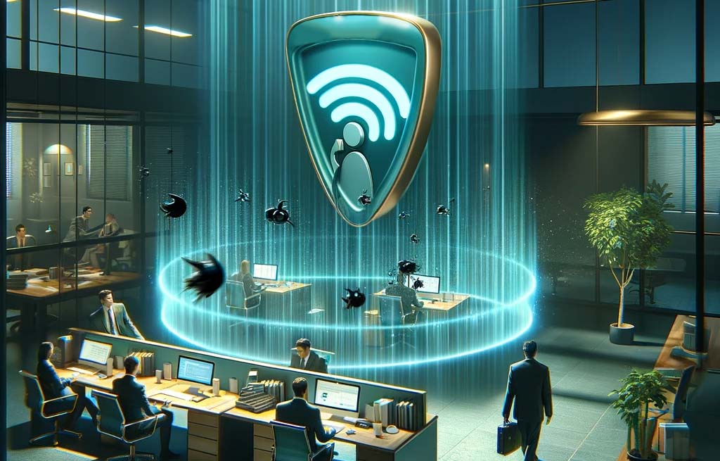 A modern, sleek office environment where a professional team is visibly relieved and focused on their work, thanks to a large, futuristic-looking device prominently displayed in the center. This device emanates soft, protective waves, symbolizing its spam-blocking feature, 'Spaminator'. The waves form a barrier around the office, blocking incoming spam calls represented by dark, shadowy figures trying to penetrate the barrier but failing. 