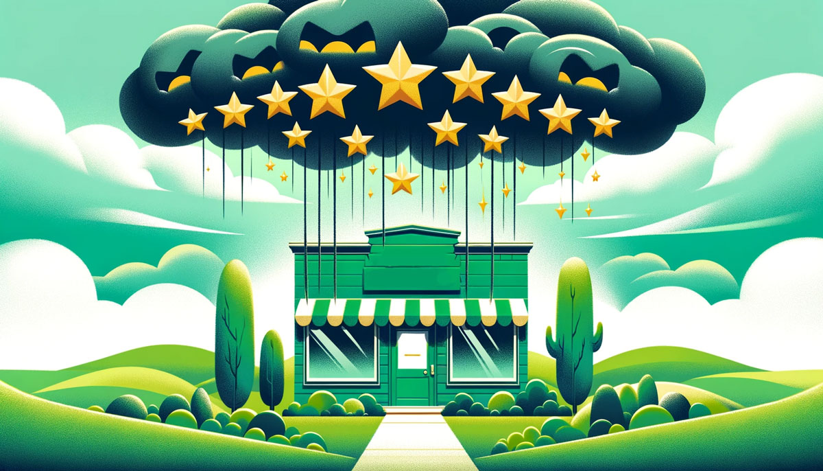 A small business being threatened by a dark cloud full of stars, representing falsified online reviews