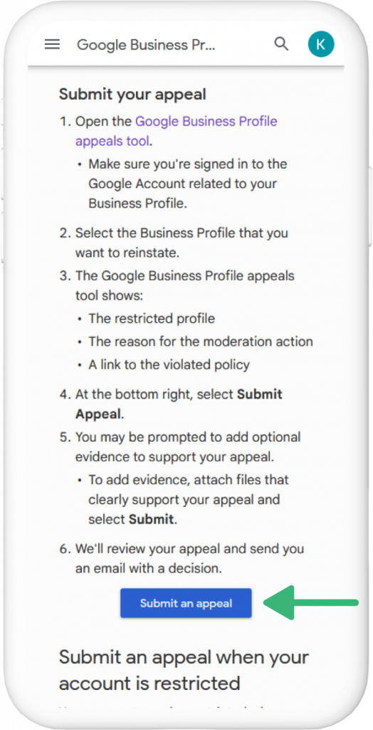 Screenshot of the help article regarding appealing suspended Google Business Profiles