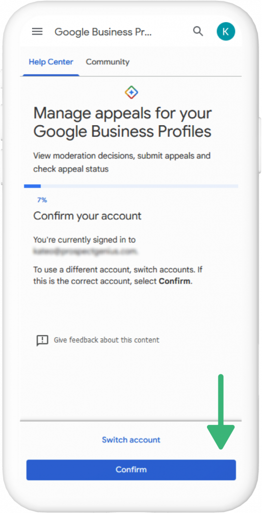 Screenshot of the Google Business Profile appeals tool