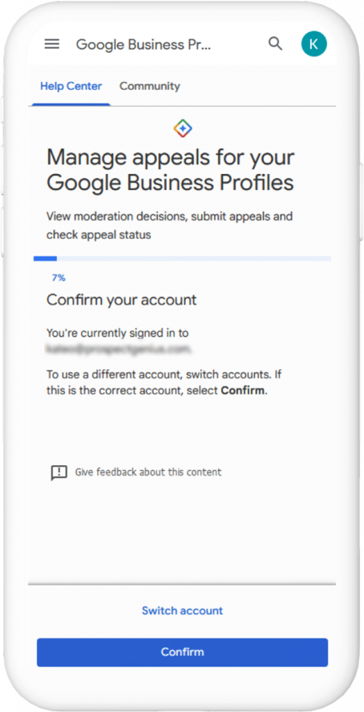 Screenshot of the Google Business Profile appeals tool