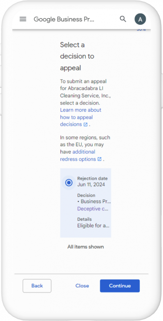 A screenshot of the Google Business Profile appeals tool, showing a business profile that is eligible for appeal