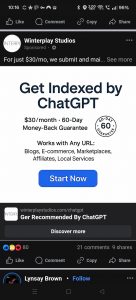 Facebook ad claiming to get your business indexed by ChatGPT