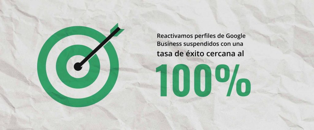 Un gráfico de diana que dice: Reactivamos perfiles de Google Business suspendidos con una tasa de éxito cercana al 100%.