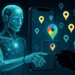 Depiction of an AI choosing one local business from a cloud of several options, represented by map pins like Google Maps.