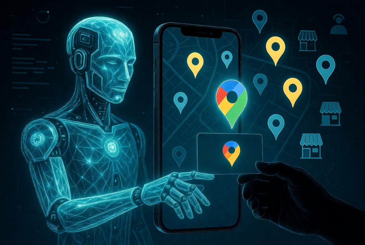 Depiction of an AI choosing one local business from a cloud of several options, represented by map pins like Google Maps.