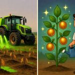 Depiction of large farm equipment spamming out fertilizer until the crops died vs a person carefully tending a single plant that's growing well and producing
