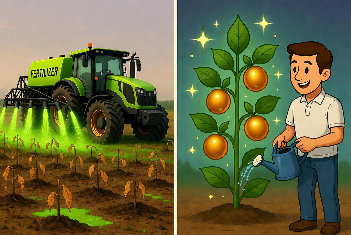 Depiction of large farm equipment spamming out fertilizer until the crops died vs a person carefully tending a single plant that's growing well and producing