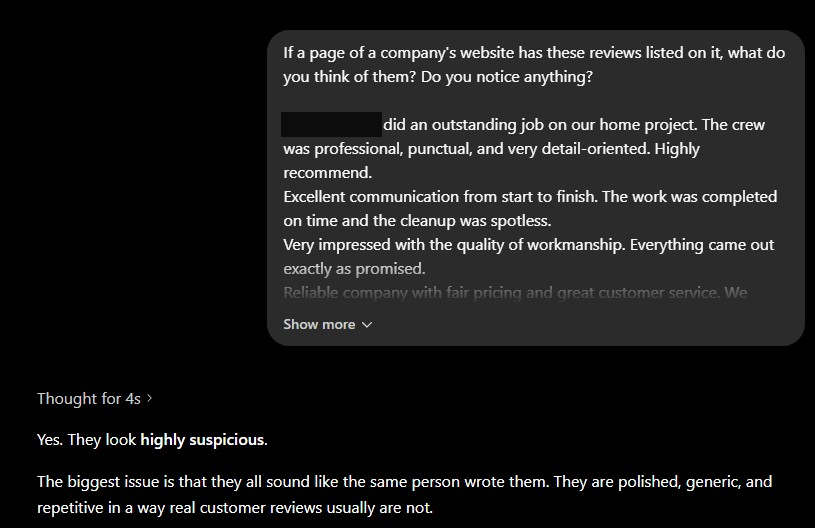 ChatGPT instantly detects that a list of reviews is fake