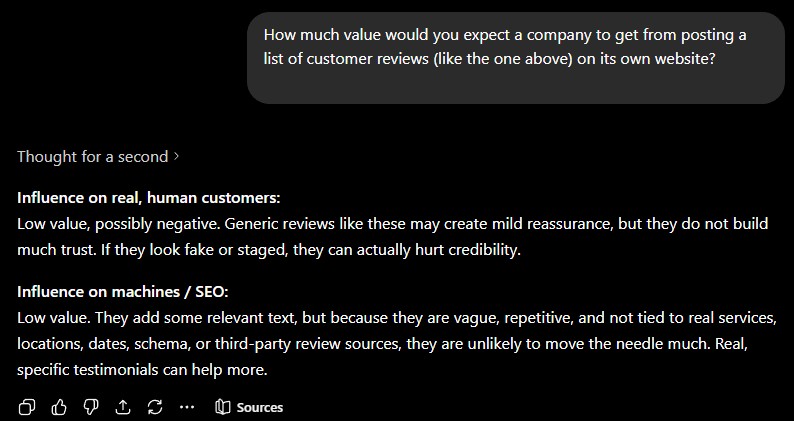 ChatGPT warns against using fake reviews as they are not effective