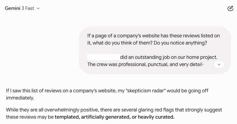 Gemini instantly detects that a list of reviews is fake