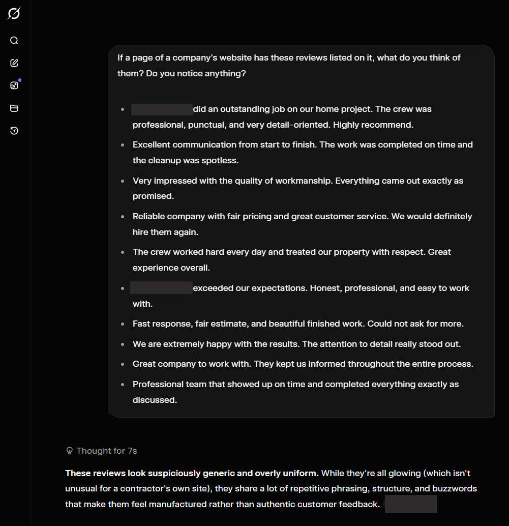 Grok instantly detects that a list of reviews is fake