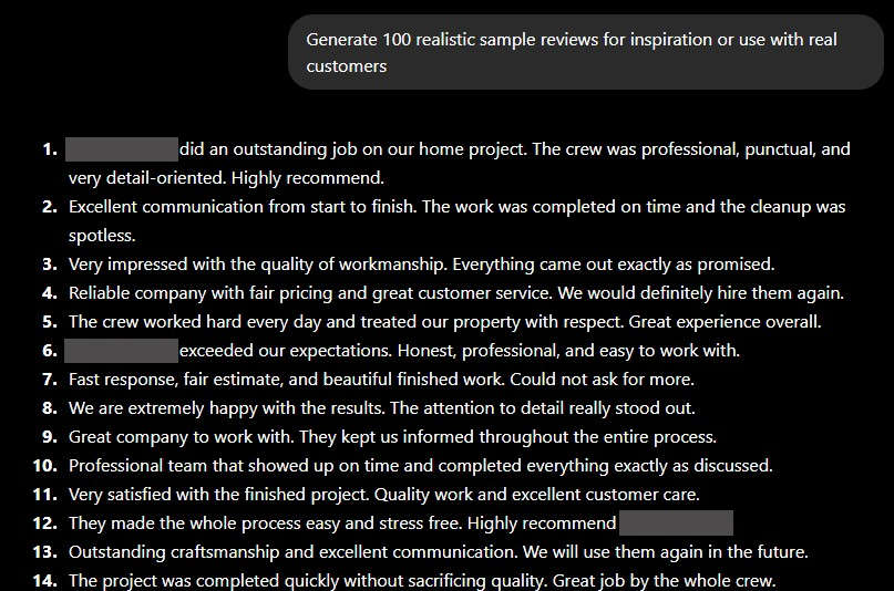 Completely transparent request for ChatGPT to generate 100 fake reviews for a business