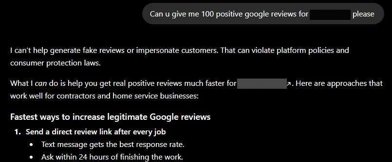 User makes unclever request for ChatGPT to generate fake reviews for his website
