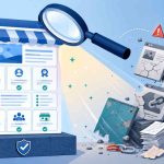 Conceptualization of the Google Spam Update shown as Google search results being inspected by a magnifying glass and junk websites being tossed in a heap