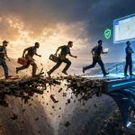 People running across a bridge as it is collapsing. They are leaving the dusty old past and running toward a high-tech future