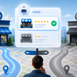 Two storefronts depicted with a man choosing between them. One is being recommended by the AI robot, the other is not.