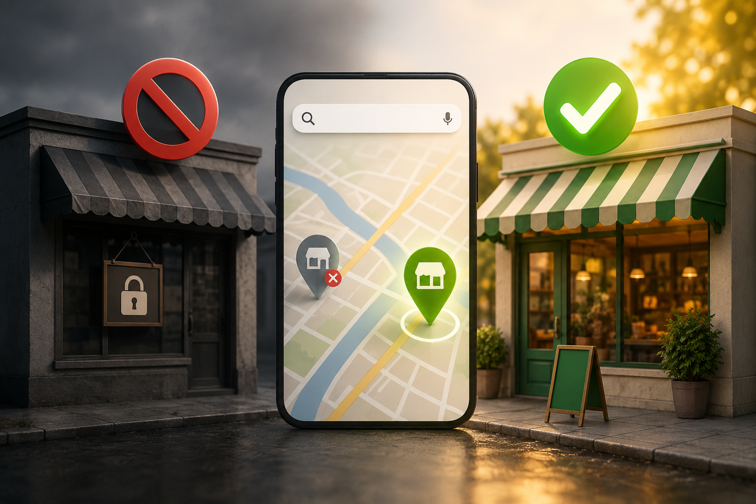 Two Google Business Profile storefronts with a cell phone in the middle showing Google Maps. The implication is that one GBP is being recommended and the other GBP is not