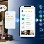 Depiction of small business owner asking customer to leave a review