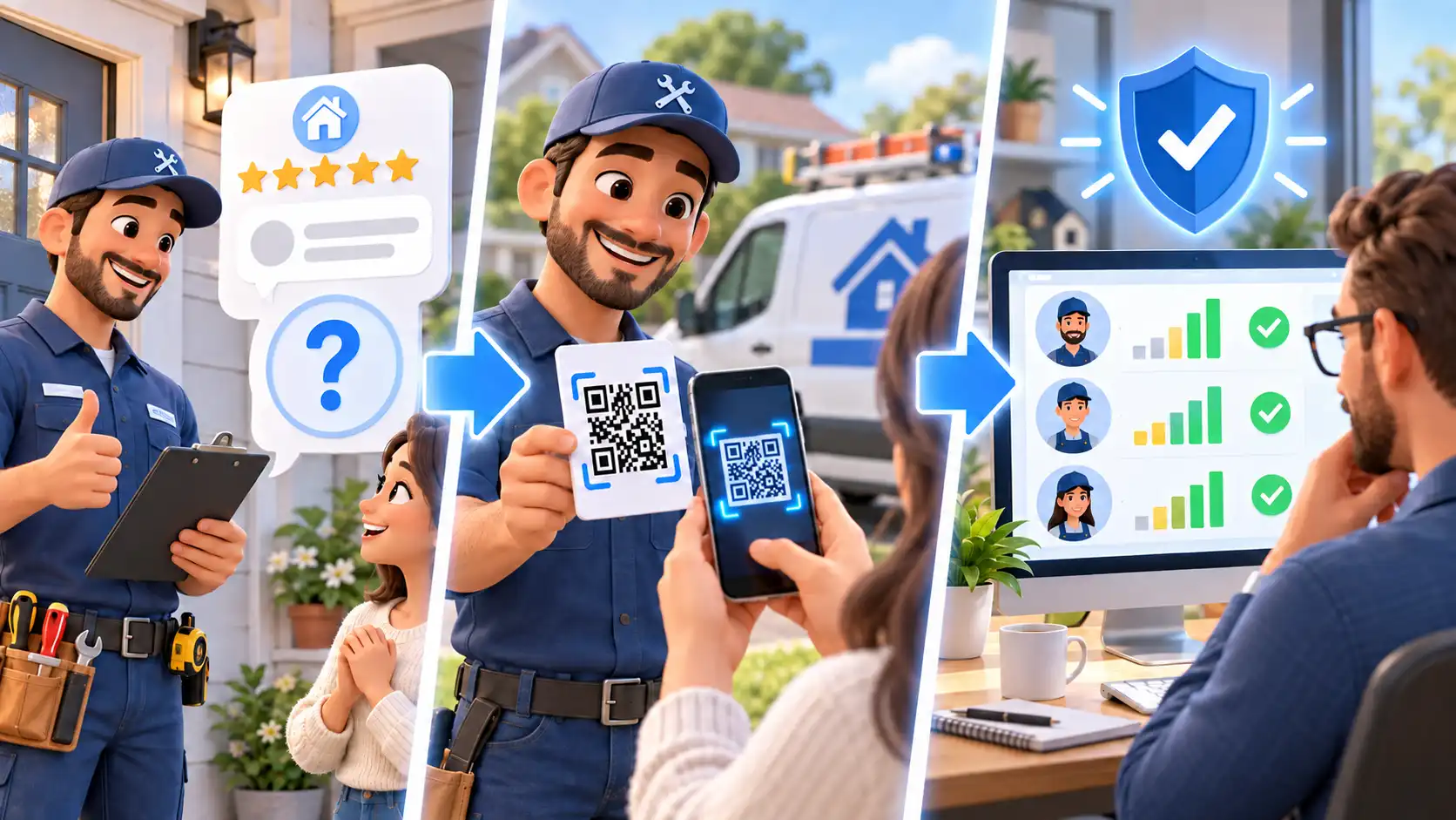 Depiction of the ReviewTrax process from asking for the review, to scanning the QR code, to tabulating results