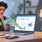 Depiction of a man watching his advertising dollars being sucked into the screen where his Google Ads dashboard displays