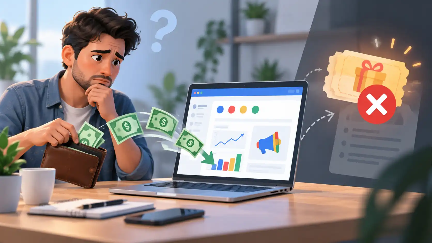 Depiction of a man watching his advertising dollars being sucked into the screen where his Google Ads dashboard displays