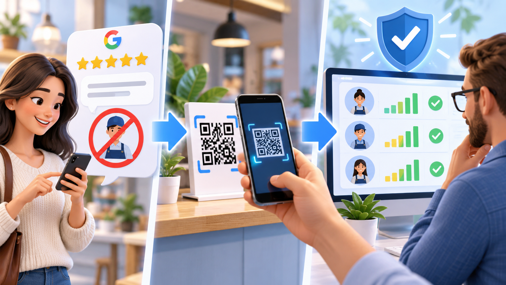 ReviewTrax concept shown in practice with a customer and the tech providing the QR code for her to use